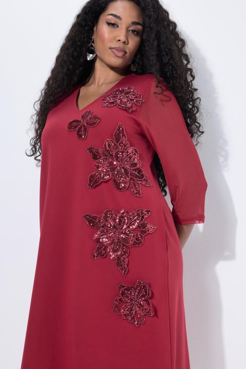 Image du produit Ulla Popken Robe en point de Rome, fleurs en paillettes sequins, décolleté en V, manches 3/4 et poches (50, 52)