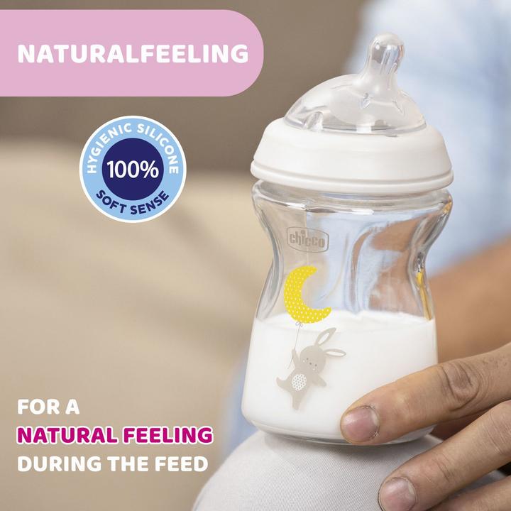 Actual product image Chicco Baby Bottle NATURAL FEELING Glass Teat Silicone Slow Flow UNI 0m+ (250 ml)
