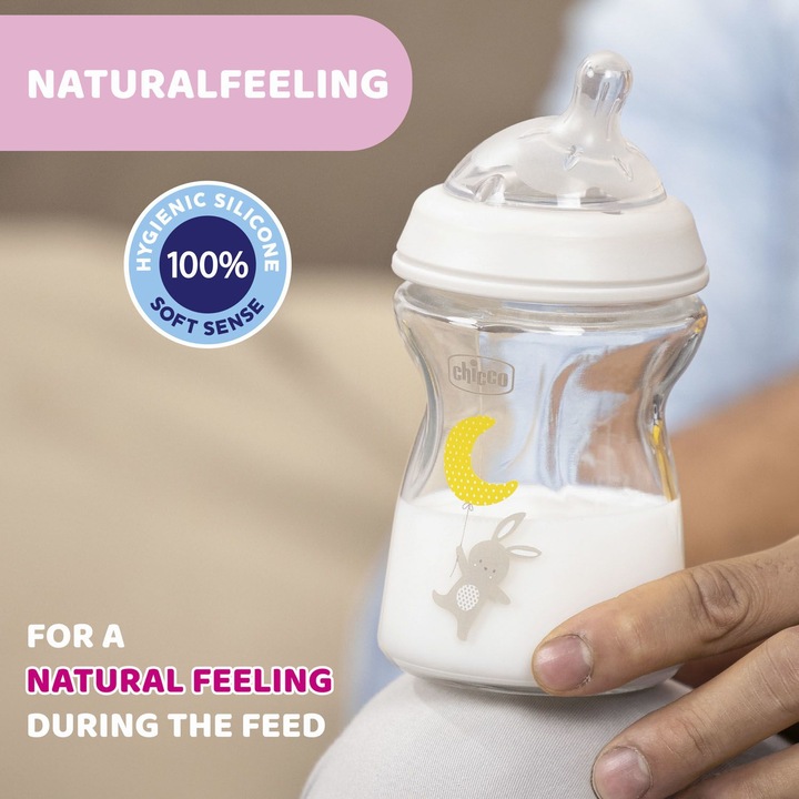 Actual product image Chicco Baby Bottle NATURAL FEELING Glass Teat Silicone Slow Flow UNI 0m+ (250 ml)