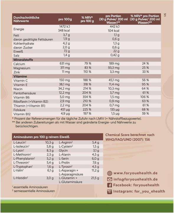 Nährwerte und Zutaten For You eiweiss power (Schokolade, 1 Stk., 750 g)