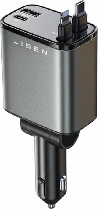 Lisen - Car Charger (YL0224040031) - 4in1, with Retractable Cable, Aluminum Alloy, 12V=24V - Black