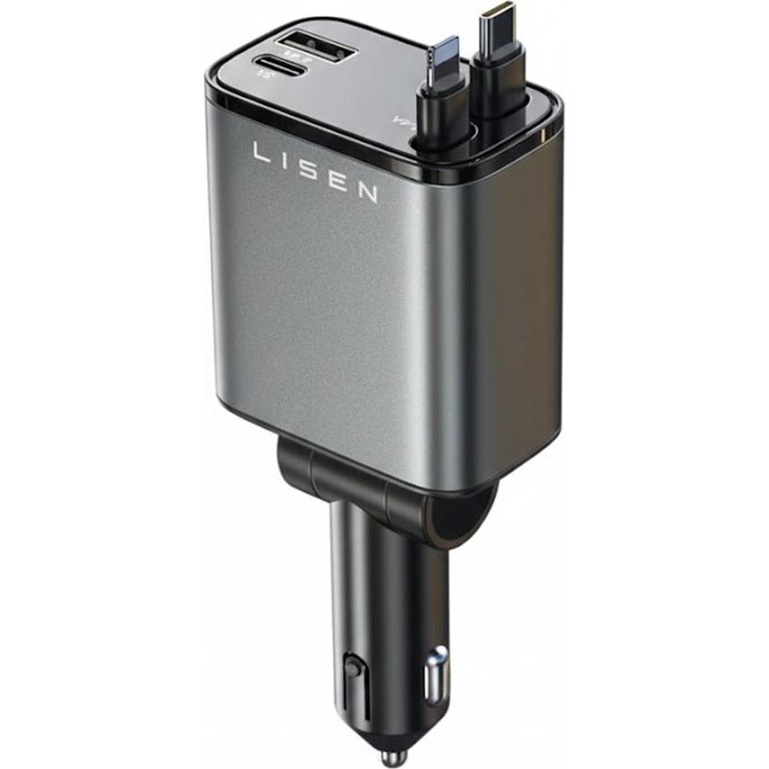 Lisen - Car Charger (YL0224040031) - 4in1, with Retractable Cable, Aluminum Alloy, 12V=24V - Black, Adattatore per auto, Nero
