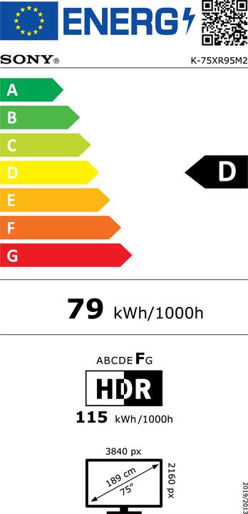 Label énergétique Sony K75XR95M2PB (75", Bravia 9 II, True RGB, 4K, 2026)