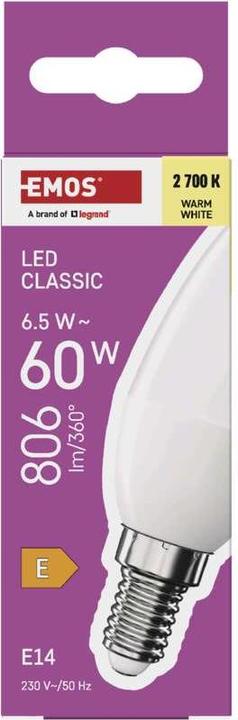 Image du produit Emos Lampe LED Classic Candle / E14 / 6,5 W (60 W) / 806 lm / Blanc chaud (E14, 806 lm, 1 x)