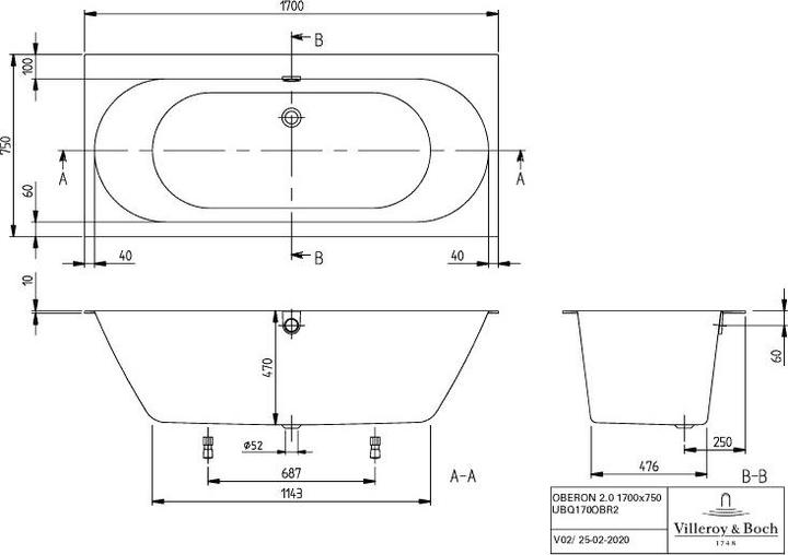 Actual product image Villeroy & Boch V&B built-in tub OBERON 2.0 R-corner1700x750mm white (170 cm, 75 cm)