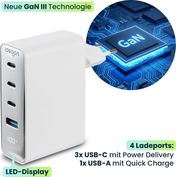 Image du produit Ideoon 2er-Set 100W GaN III USB-Ladegerät mit 4 Ports, 3x USB-C & 1x USB-A, Schnellladegerät mit LED-Displa (100 W, 4 ports)