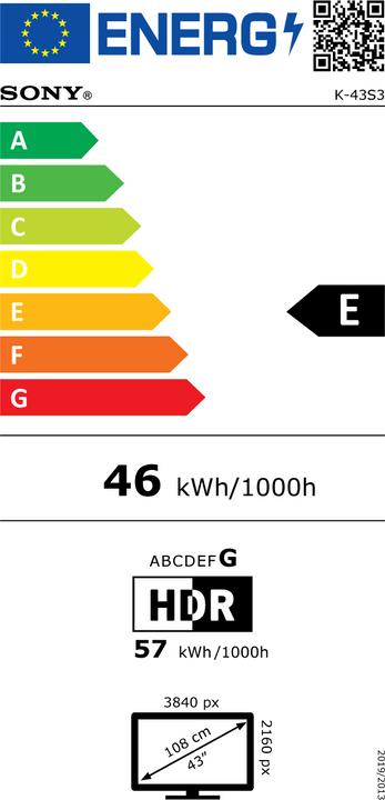 Energy Label Sony K-43S3 (43", Bravia 3, MIP display, 4K, 2025)