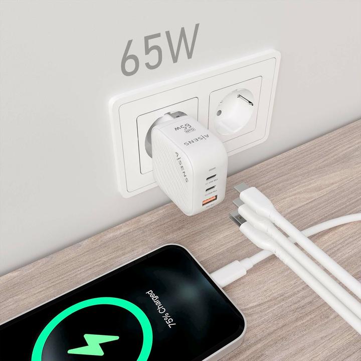 Produktbild Aisens CARGADOR GAN 65W 2XUSB-C PD3.0 QC4.0 1XUSB-A QC3.0 BLANCO (65 W, 3 Ports)