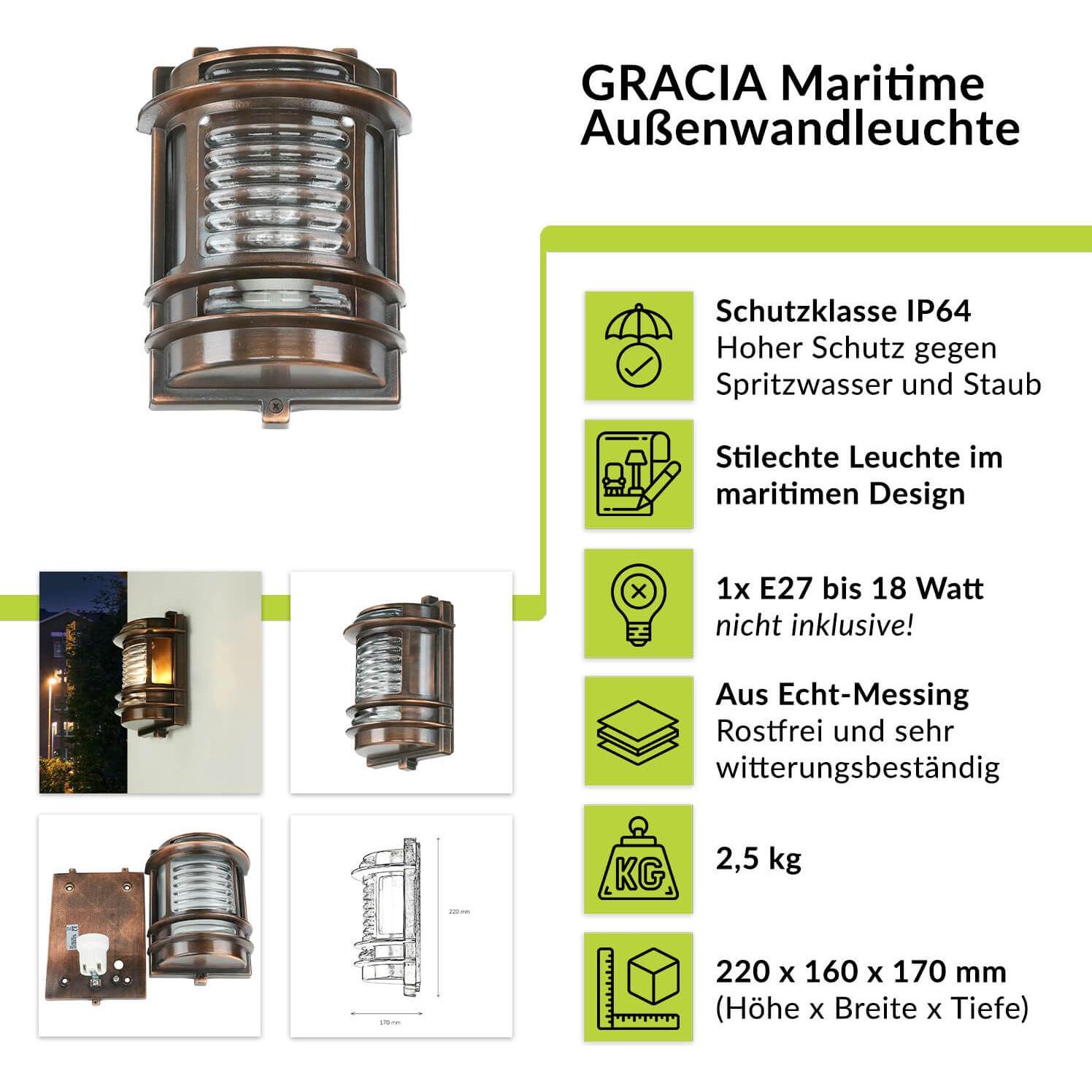 Thumbnail - Licht-Erlebnisse, Gartenbeleuchtung, Wandlampe Gracia Messing (E27, IP64)