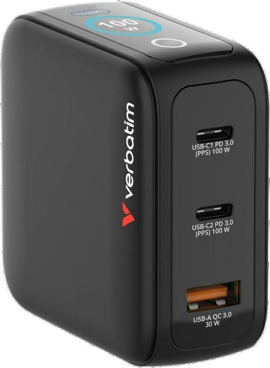 Productafbeelding Verbatim Mini GaN Charger 3 Port 100W w Display (EU/UK/US) (100 W, 3 ports)
