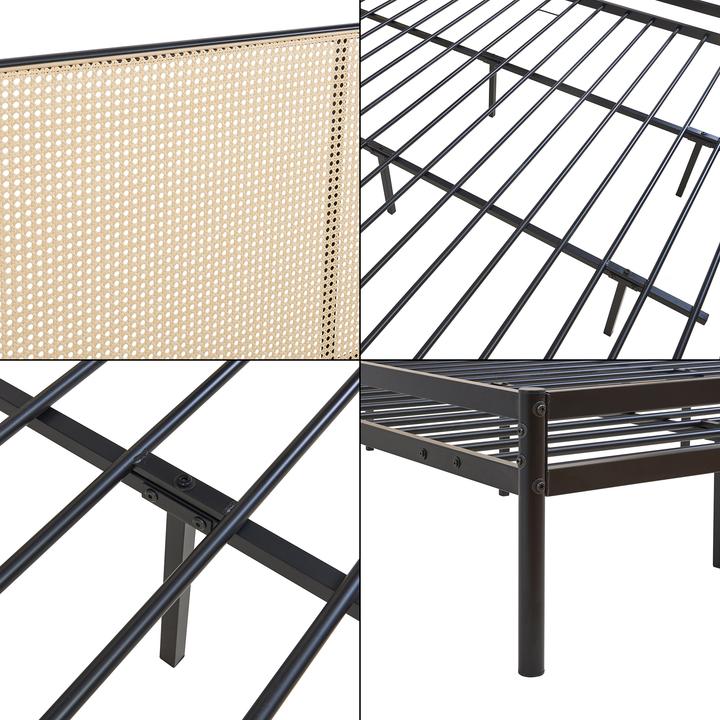 Actual product image En.Casa Metallbett Linköping mit ovalem Kopfteil und Matratze 180x200 cm Schwarz/Rattanoptik (200 x 200 cm)