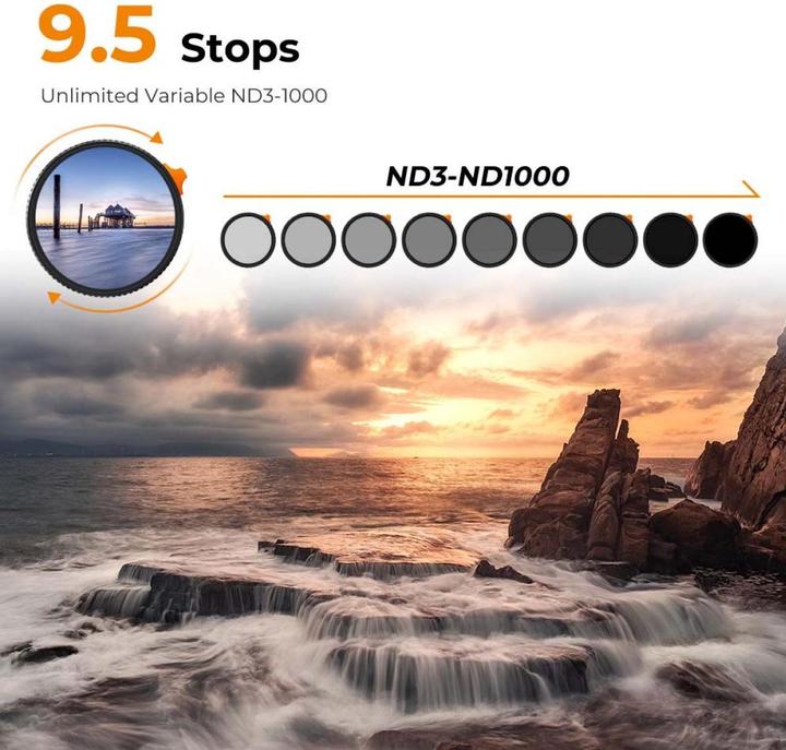 Produktbild K&F Concept 58MM Variable ND3-ND1000 Lens Filter (1.5-10 Stops) 28 Multi-Layer Green Coatings (Nano-X Series) (58 mm, ND- / Graufilter, UV-Filter)