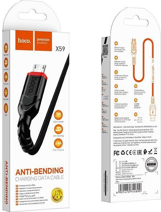 Actual product image Hoco - Data Cable Victory (X59) - USB-A to Micro-USB, 12W, 2.4A, 1.0m - Black (1 m, USB 3.0, 12 W)