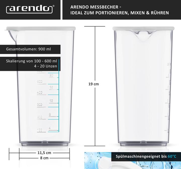 Actual product image Arendo Messbecher mit Deckel, 600ml, Mixbecher, Klarsichtbecher aus Kunststoff, für Stabmixer & Handmixer (900 ml)