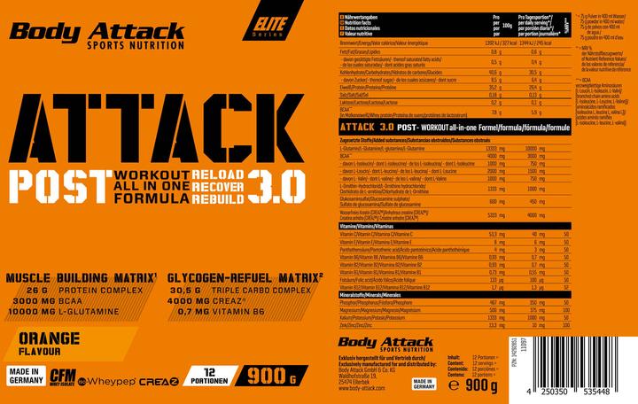 Valeurs nutritives et ingrédients Body Attack Post Attack 3.0 (boîte de 900g) (Fruits exotiques, 1 pcs, 900 g)