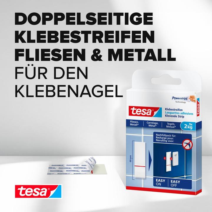 Produktbild tesa Powerstrips für Fliesen & Metall, 2kg Halteleistung, 9x doppelseitige Klebestreifen
