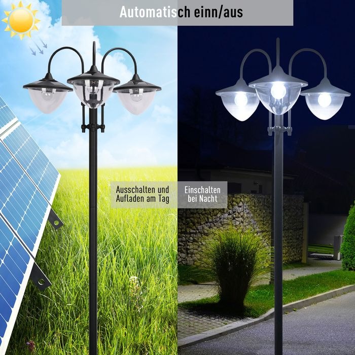 Produktbild Swisshandel24 Solarleuchte Gartenlicht 3-köpfige Lampe mit Blumentopf-Basis Wasserdicht Edelstahl 60 x 55 x 189 cm (IP44)