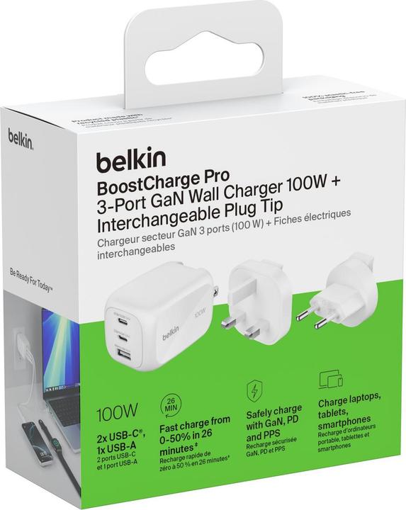 Image du produit Belkin BOOST Charge 100W USB-C Ladegerät 2xUSB-C/1xA WCH016hqWH (100 W)