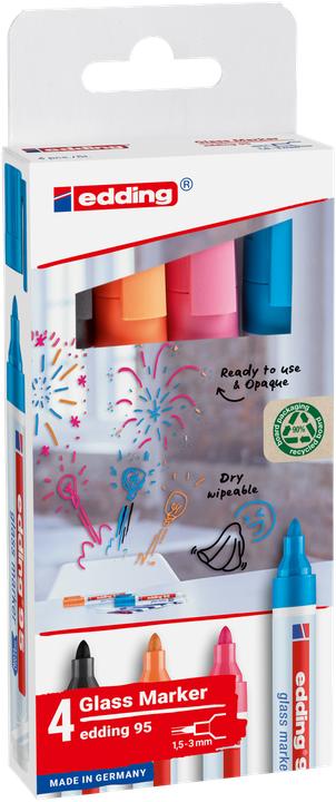 Edding 95 Glasboardmarker farbsortiert 1,0 - 5,0 mm, 4 St. (Rosa, Hellblau, Orange, Schwarz, 3 mm, 4 x)