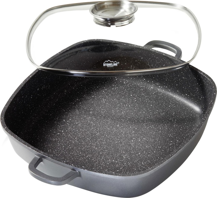 Produktbild Stoneline Eckpfanne 32x32 cm mit Aroma Glasdeckel, Pfanne rechteckig, Backofen, Induktion geeignet (32 cm, Pfannenset + Topfset, Aluminium)