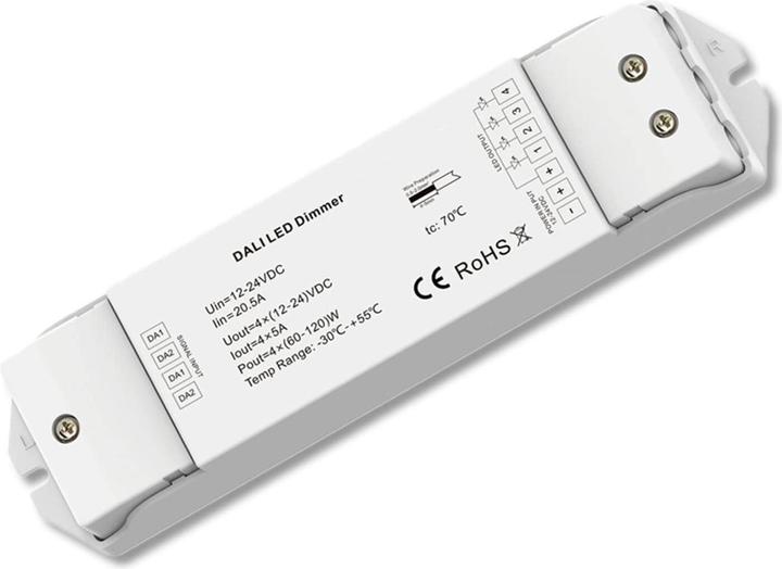 Actual product image Isoled DALI DT6 4 addresses PWM dimmer, 4 channel, 12-24V DC 4x5A