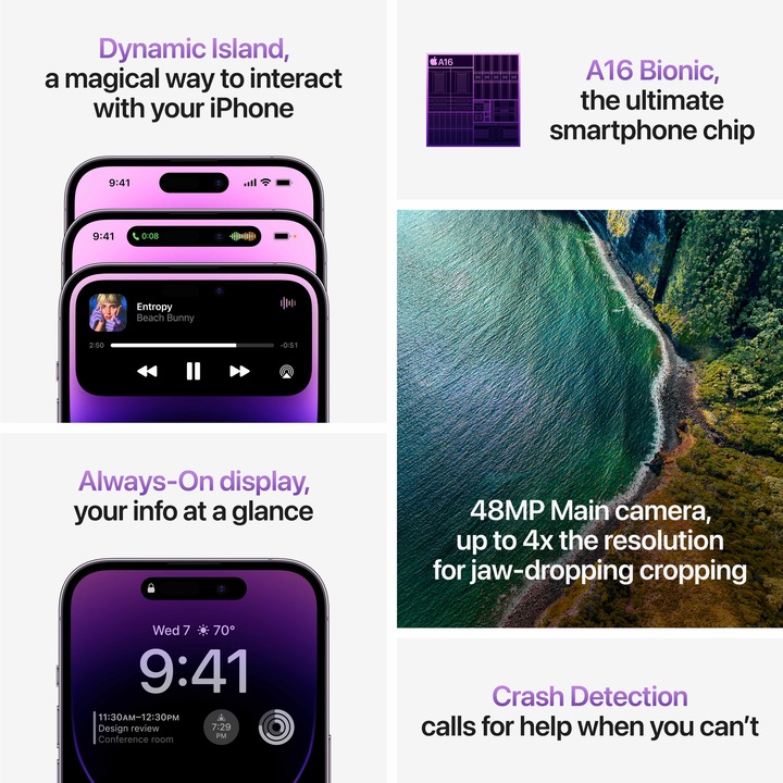 Produktbild Apple iPhone 14 Pro (256 GB, Deep Purple, 6.10", SIM + eSIM, 48 Mpx, 5G)