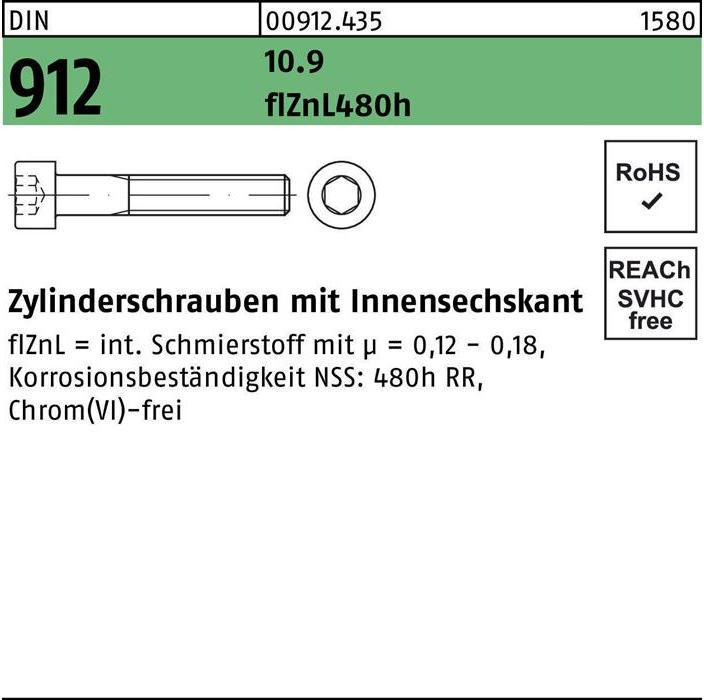 Produktbild Zylinderschraube DIN 912 m.Innensechskant M 12 x 110 10.9 flZnL/nc/x/x/480h/C (50 Schrauben pro Stück)