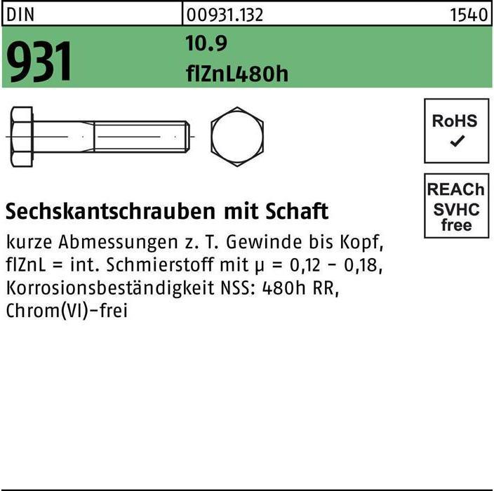 Produktbild Sechskantschraube DIN 931 m.Schaft M 24 x 160 10.9 flZnL/nc/x/x/480h/C (10 Schrauben pro Stück)