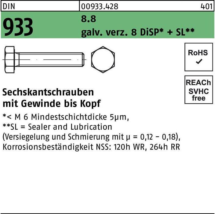 Produktbild Sechskantschraube DIN 933 VG M 20 x 55 8.8 gal Zn 8 DiSP + SL (25 Schrauben pro Stück)