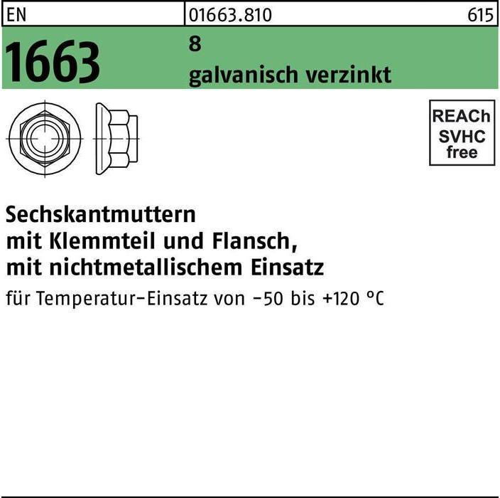 Actual product image Hexagon nut EN 1663 w.clamping part/flange M 16 8 electrogalvanised (M16)