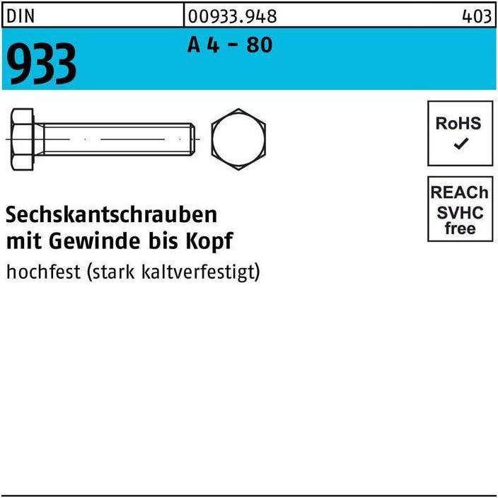 Thumbnail - Schrauben, Sechskantschraube DIN 933 VG M 6 x 100 A 4 - 80 (50 Schrauben pro Stück)