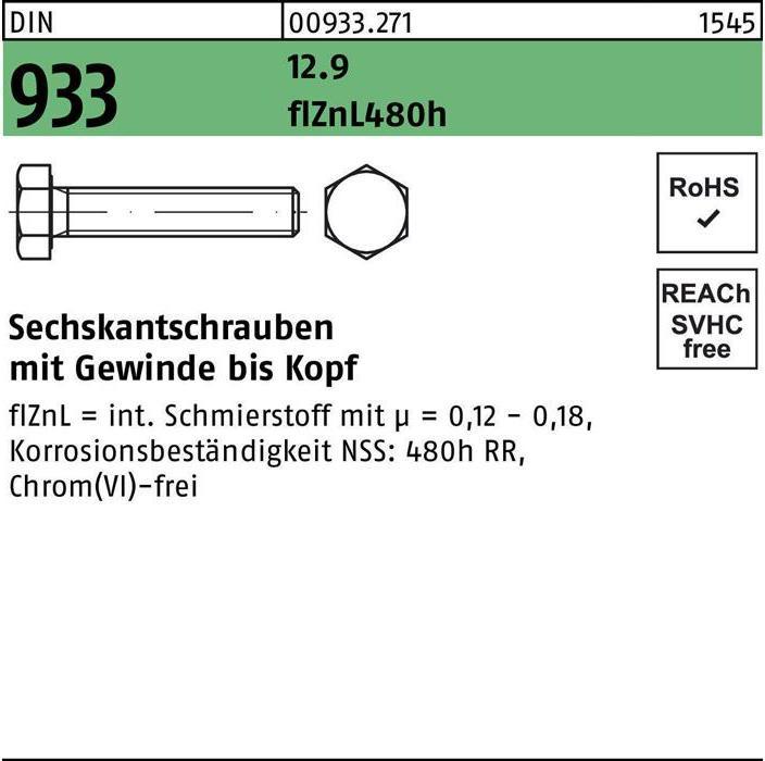 Actual product image Reyher Hexagon head screw DIN 933 VG M 8 x 30 12.9 flZnL 480h zinc lamellar coating. (200 Screws per piece)