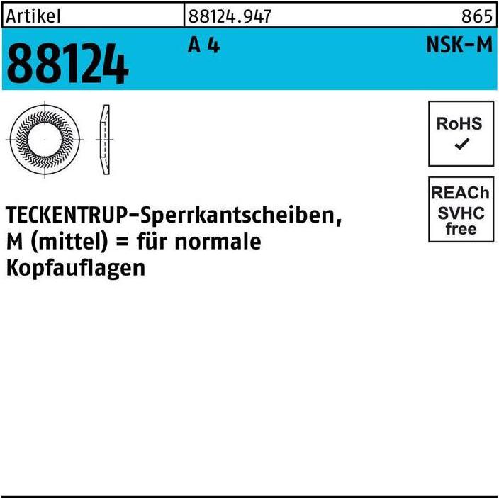 Thumbnail - Teckentrup, Muttern + Unterlegscheiben, Sperrkantscheibe R 88124 NSK-M 12 A 4