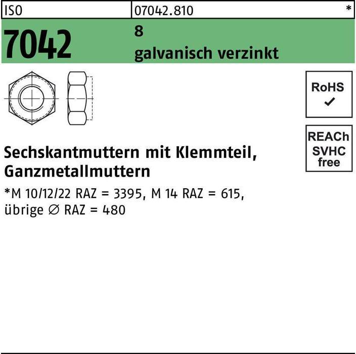 Produktbild Sechskantmutter ISO 7042 m.Klemmteil M 8 8 galvanisch verzinkt (M8)