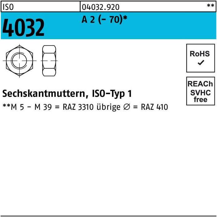 Thumbnail - Bufab, Muttern + Unterlegscheiben, Sechskantmutter ISO 4032 M 27 A 2 (- 70) (M27)