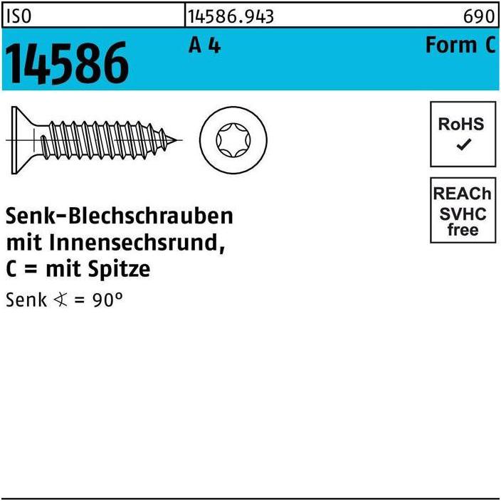 Thumbnail - Reyher, Schrauben, Senkblechschraube ISO 14586 m.Innensechsrund/Spitze 3,9 x 9,5 -T15 A 4 (1000 Schrauben pro Stück)