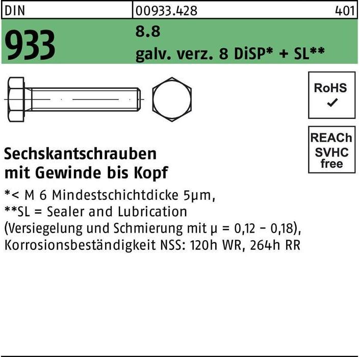 Actual product image Hexagon head screw DIN 933 VG M 24 x 50 8.8 gal Zn 8 DiSP + SL (25 Screws per piece)