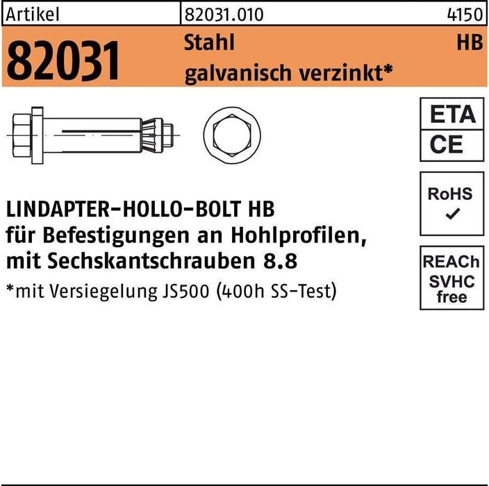Produktbild Lindapter Hohlraumdübel R 82031 m.6-kantschraube HB 08-2 ( 70/41) 8.8 galvanisch verzinkt (1 Stk.)