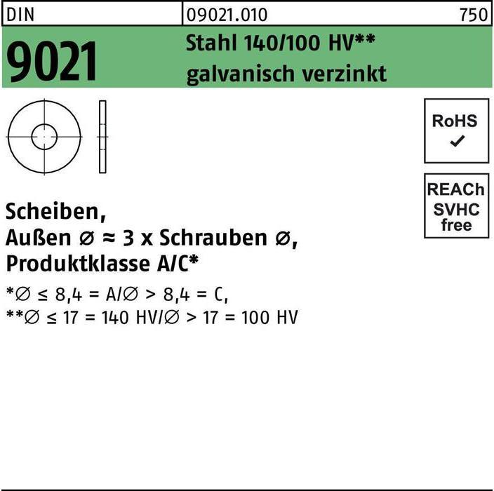 Produktbild Scheibe DIN 9021 3,2 x 9 x0,8 Stahl 140/100 HV galvanisch verzinkt