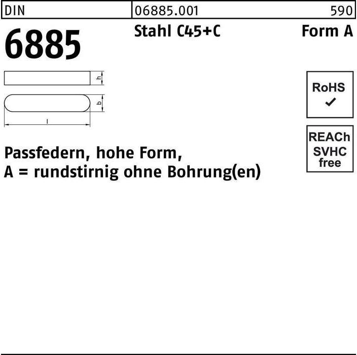 Produktbild Passfeder DIN 6885 Form A rundstirnig/o.Bohrung A 18 x 11 x 63 Stahl C45+C