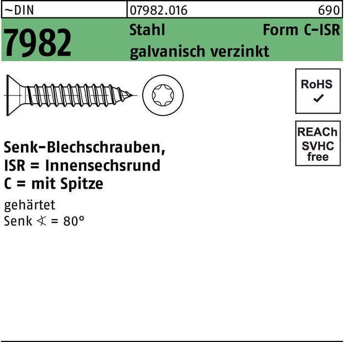 Produktbild Senkblechschraube DIN 7982 m.Innensechsrund/Spitze 3,9 x 22 -C-T20 Stahl galvanisch verzinkt (500 Schrauben pro Stück)