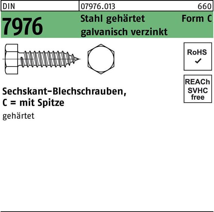 Produktbild Blechschraube DIN 7976 m.Sechskant/Spitze C 5,5 x 13 Stahl gehärtet galvanisch verzinkt (500 Schrauben pro Stück)
