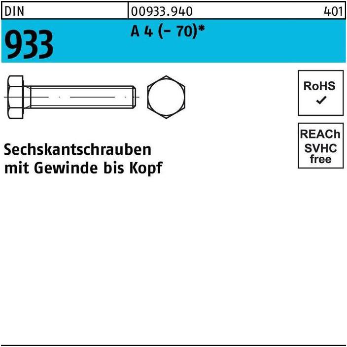 Sechskantschraube DIN 933 VG M 24 x 180 A 4 (- 70) (1 Schrauben pro Stück) (009339400240180)