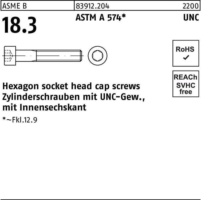 Produktbild Zylinderschraube R 83912 m.UNC-Gewinde/Innen-6-kant 1/4 x 1 1/4 ASTM A 574 (100 Schrauben pro Stück)
