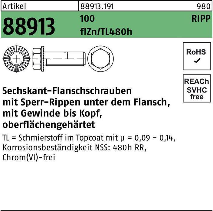 Produktbild Reyher Sechskantflanschschraube R 88913 Sperr-Ripp VG M 6 x 20 100 zinkbesch. Gleitmittel flZnnc 480h-L (500 Schrauben pro Stück)