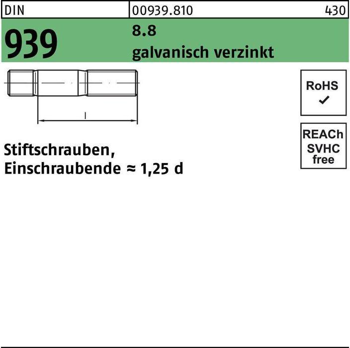 Produktbild Stiftschraube DIN 939 M 20 x 55 8.8 galvanisch verzinkt Einschraubende=1,25d (10 Schrauben pro Stück)