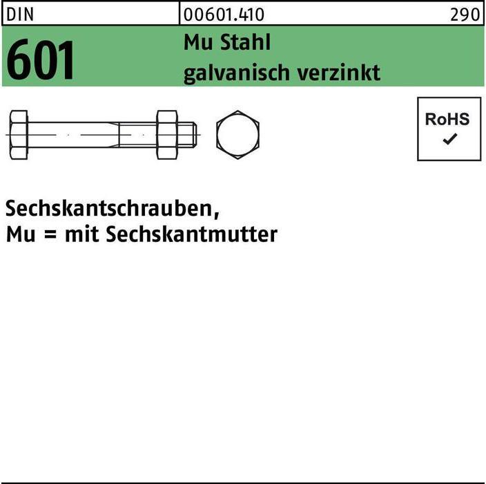 Actual product image Hexagon head bolt DIN 601 w.hexagon nut M 10 x 150 Mu Steel 4.6 galvanised (50 Screws per piece)