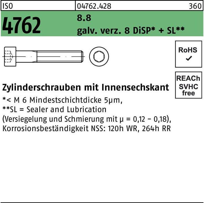 Produktbild Zylinderschraube ISO 4762 m.Innensechskant M 10 x 80 8.8 galvanisch verzinkt 8 DiSP+SL (100 Schrauben pro Stück)