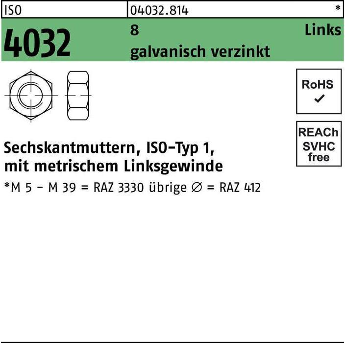 Produktbild Bufab Sechskantmutter ISO 4032 links M 8 8 galvanisch verzinkt (M8)