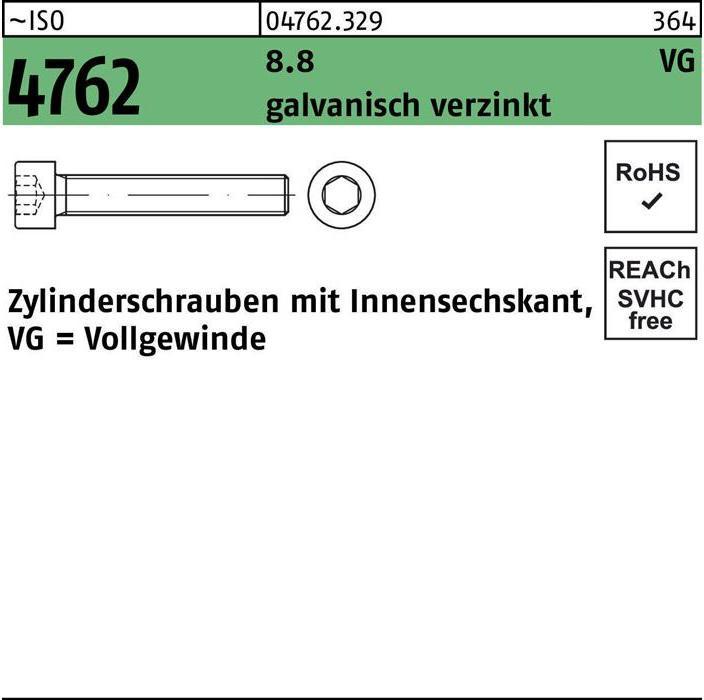 Produktbild Zylinderschraube ISO 4762 m.Innensechskant VG M 8 x 90 8.8 galvanisch verzinkt (100 Schrauben pro Stück)